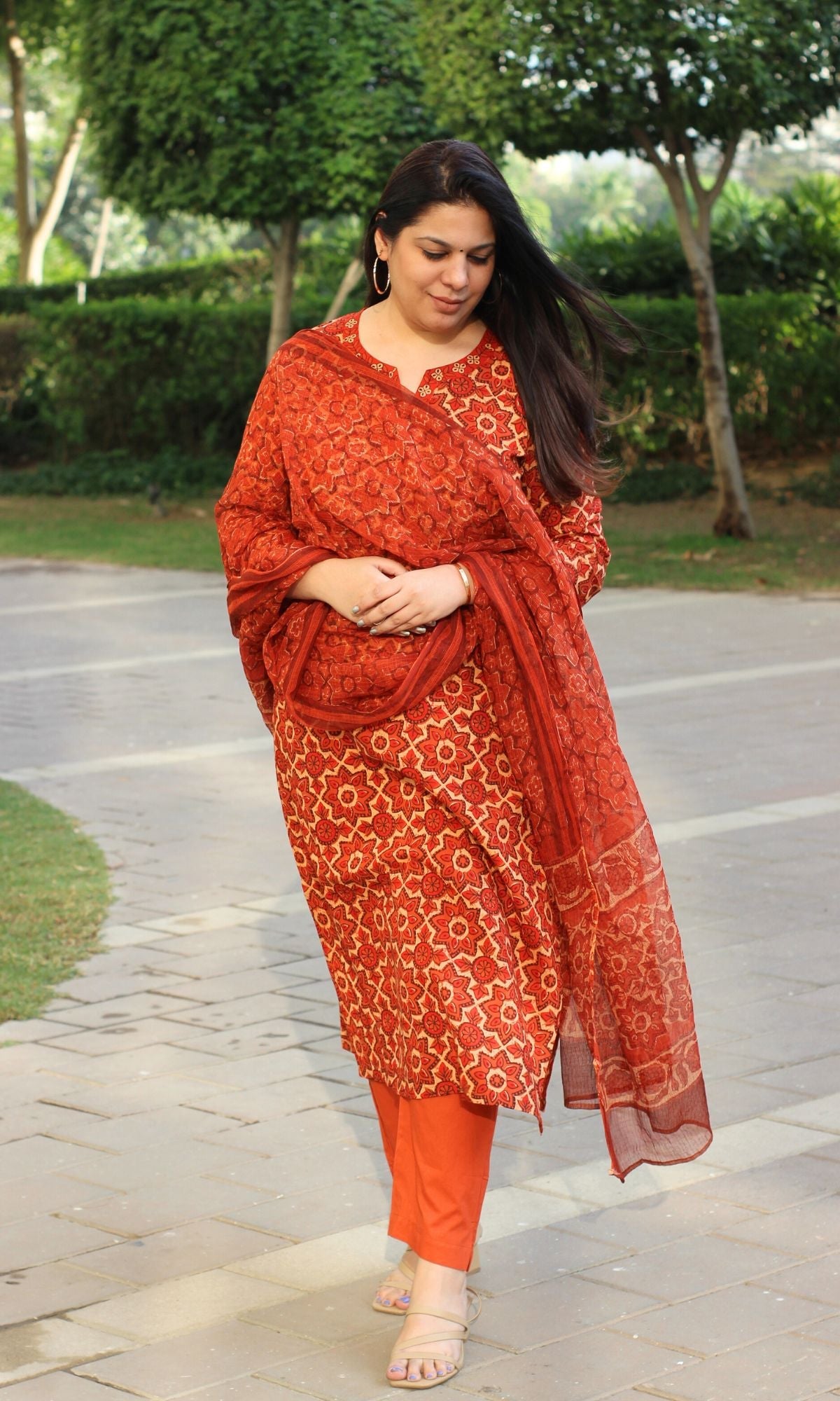 Cotton Rust Ajrakh Vanaspati Print Suit with Kota Doria Printed Dupatta - Baareeki