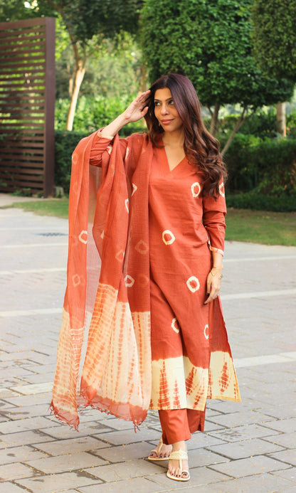 Cotton Rust Shibori Print Suit with Chiffon Dupatta - Baareeki