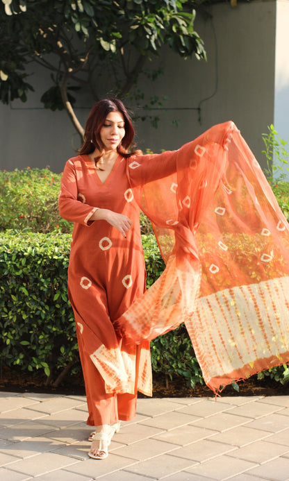 Cotton Rust Shibori Print Suit with Chiffon Dupatta - Baareeki