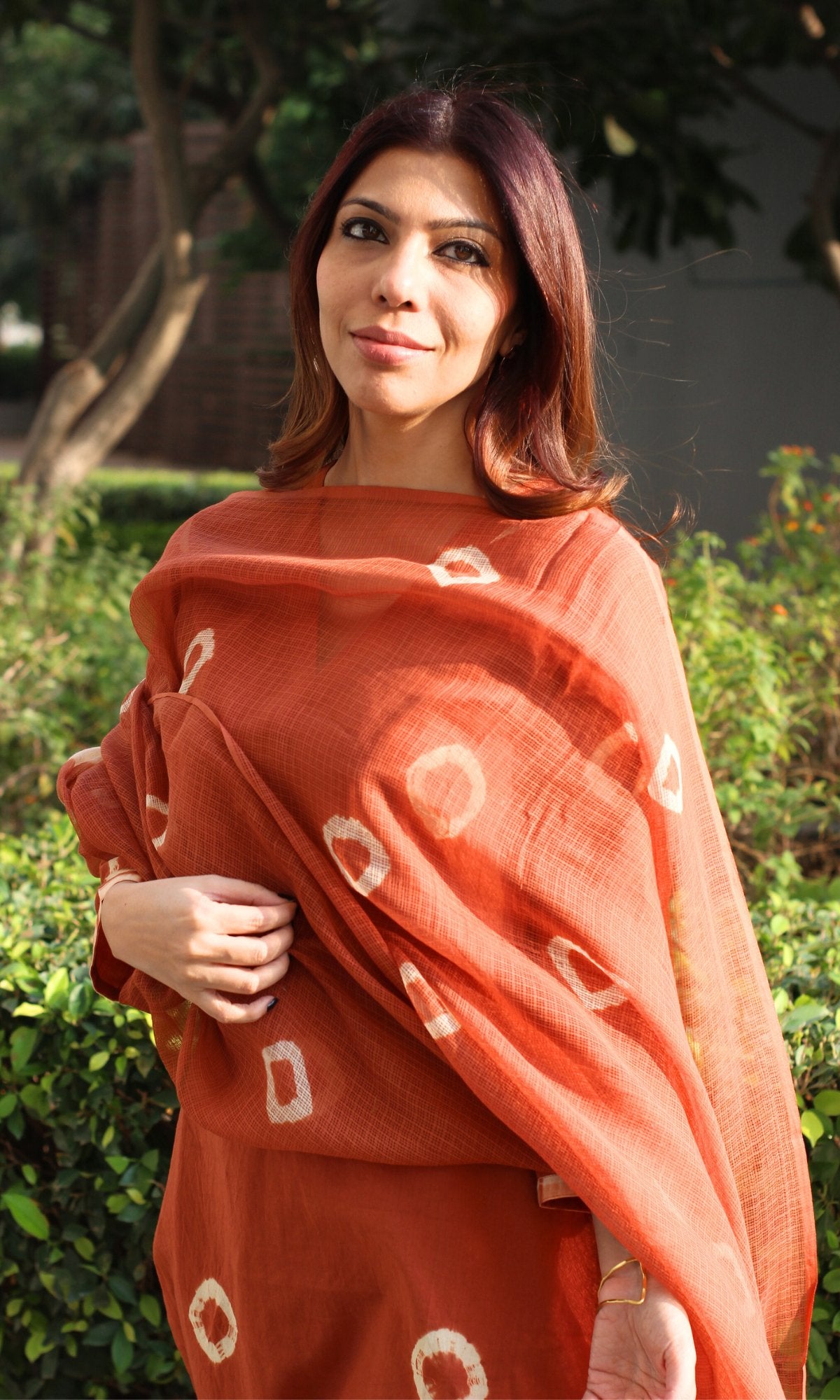 Cotton Rust Shibori Print Suit with Chiffon Dupatta - Baareeki