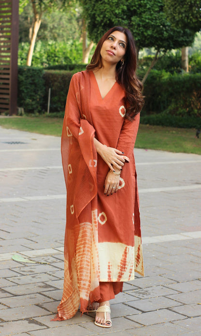 Cotton Rust Shibori Print Suit with Chiffon Dupatta - Baareeki