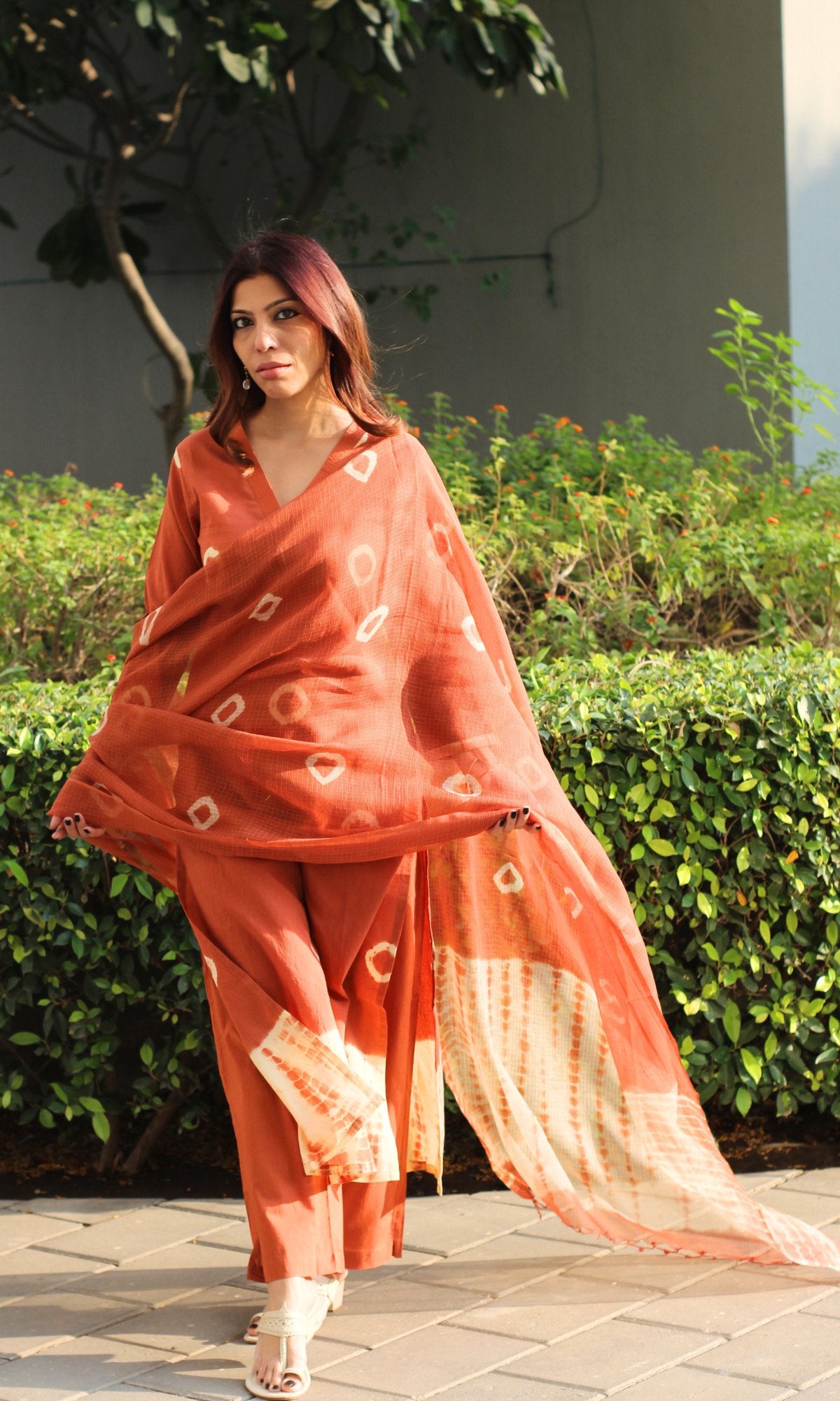 Cotton Rust Shibori Print Suit with Chiffon Dupatta - Baareeki