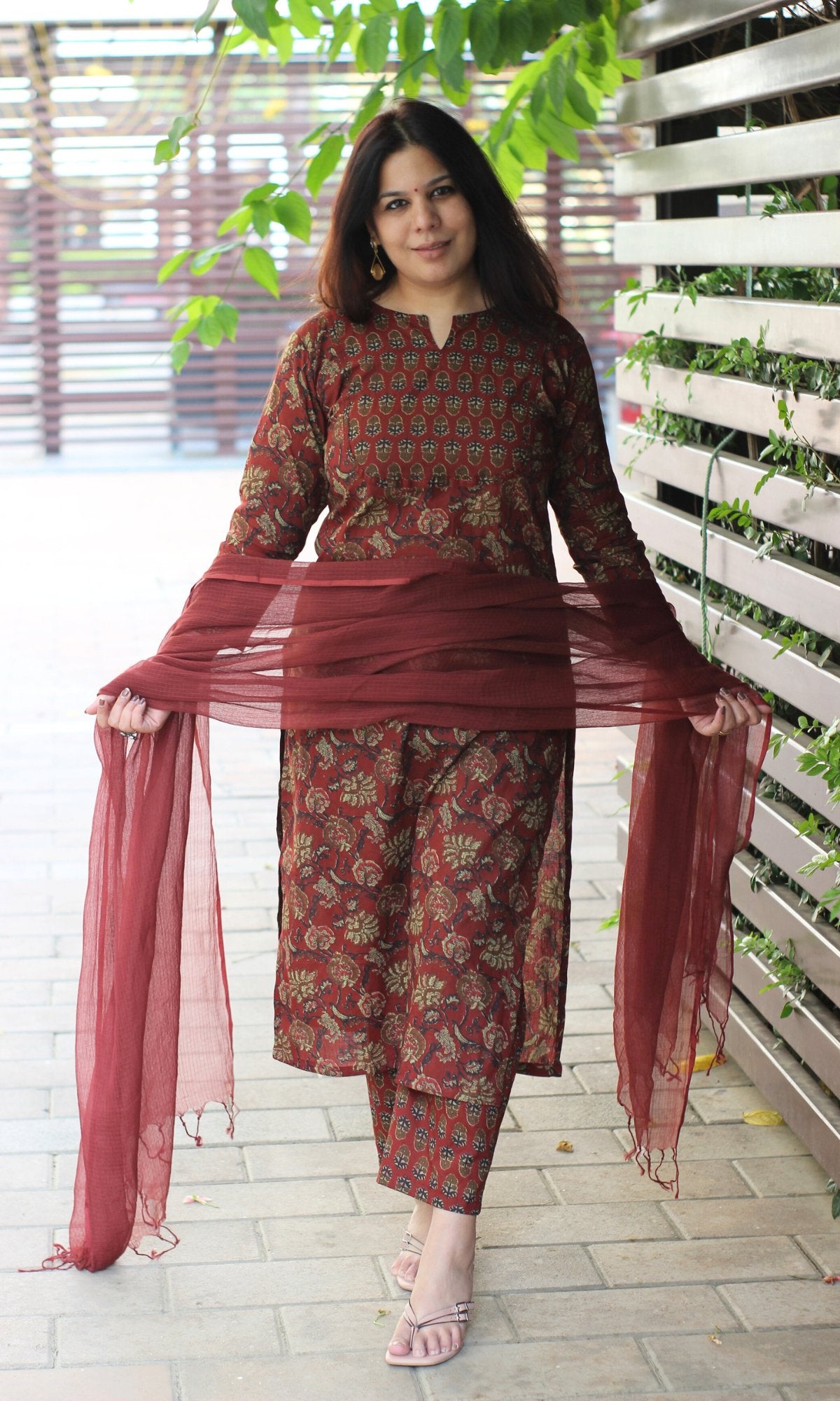 Cotton Rusty Red Ajrakh Print Suit with Kota Doria Dupatta - Baareeki