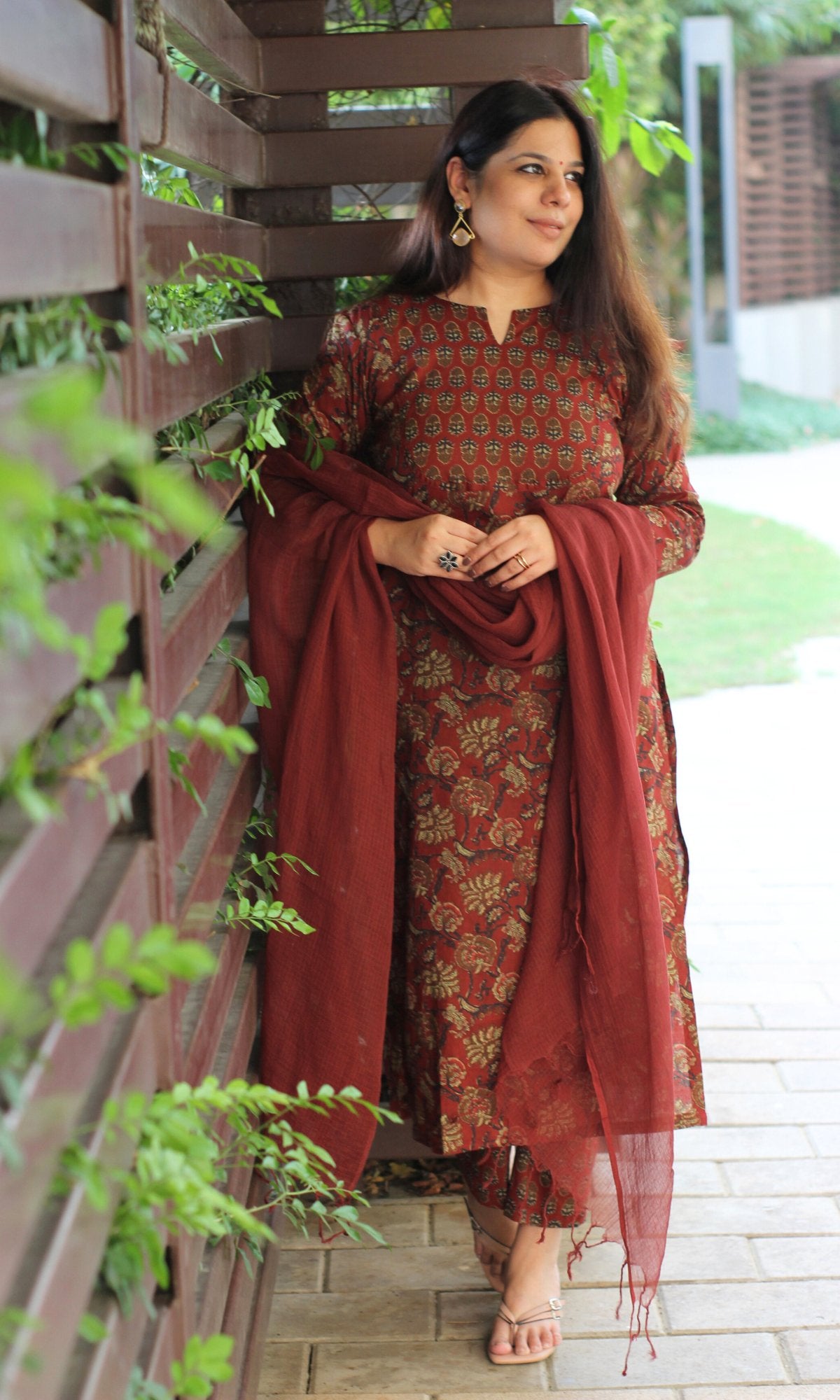 Cotton Rusty Red Ajrakh Print Suit with Kota Doria Dupatta - Baareeki