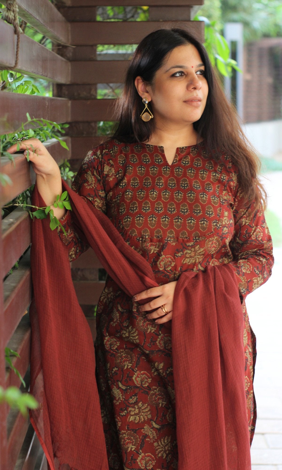 Cotton Rusty Red Ajrakh Print Suit with Kota Doria Dupatta - Baareeki