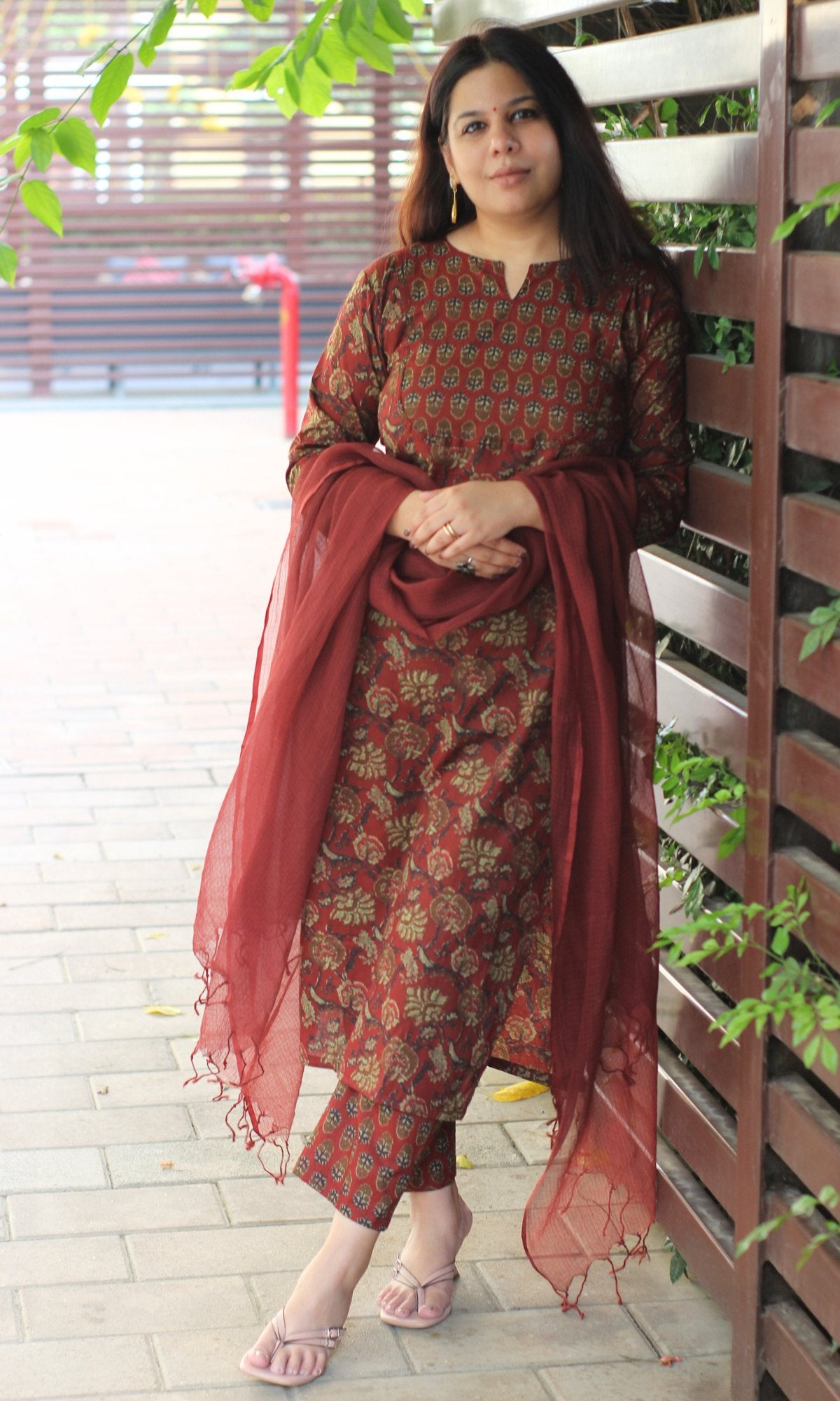 Cotton Rusty Red Ajrakh Print Suit with Kota Doria Dupatta - Baareeki