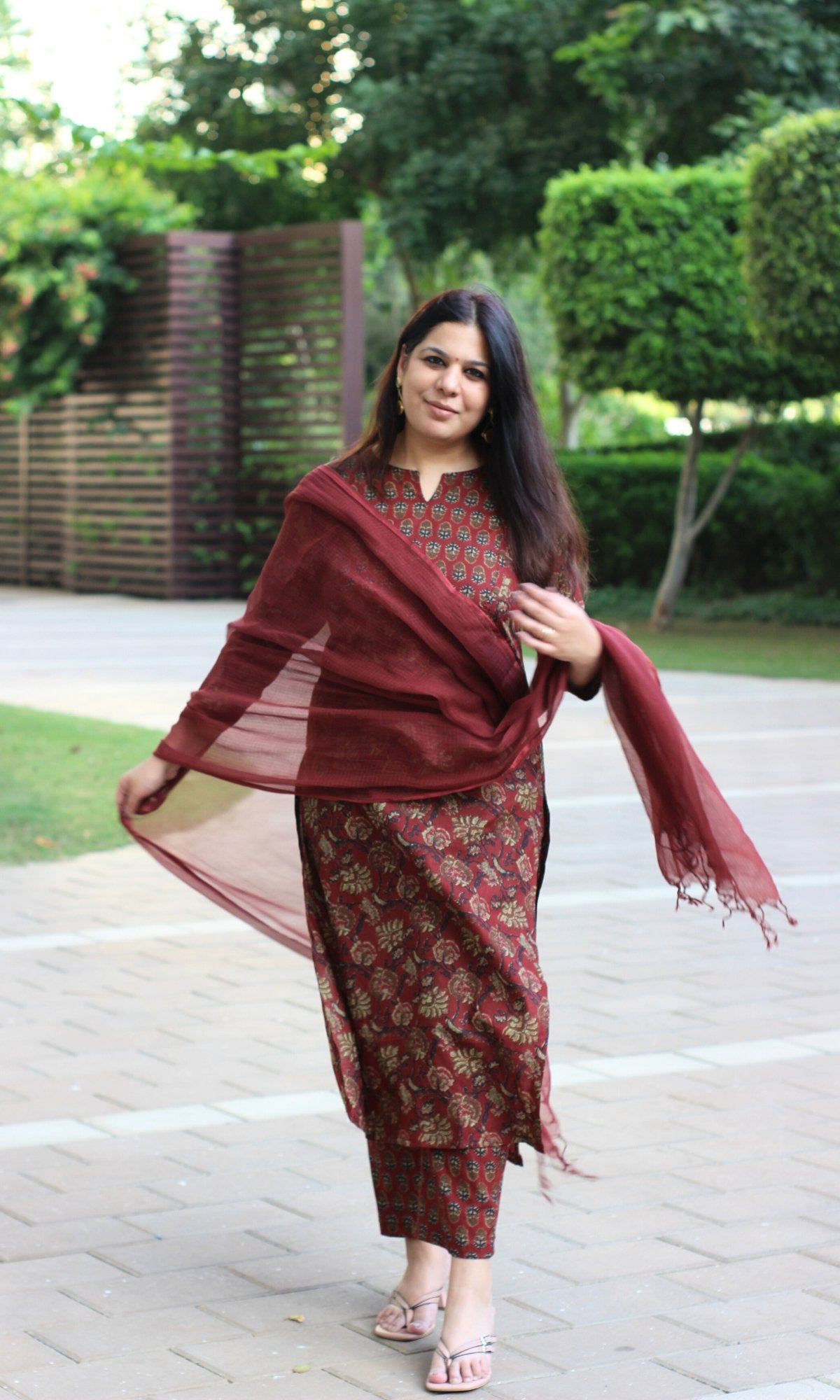 Cotton Rusty Red Ajrakh Print Suit with Kota Doria Dupatta - Baareeki