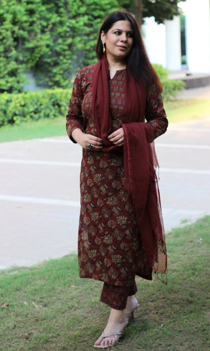 Cotton Rusty Red Ajrakh Print Suit with Kota Doria Dupatta - Baareeki