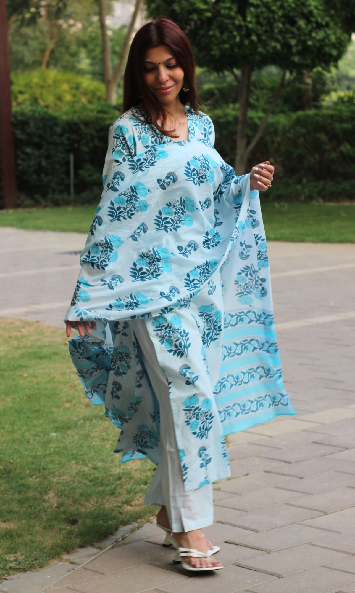 Cotton Sanganeri Powder Blue Suit Set with Cotton Printed Dupatta - Baareeki