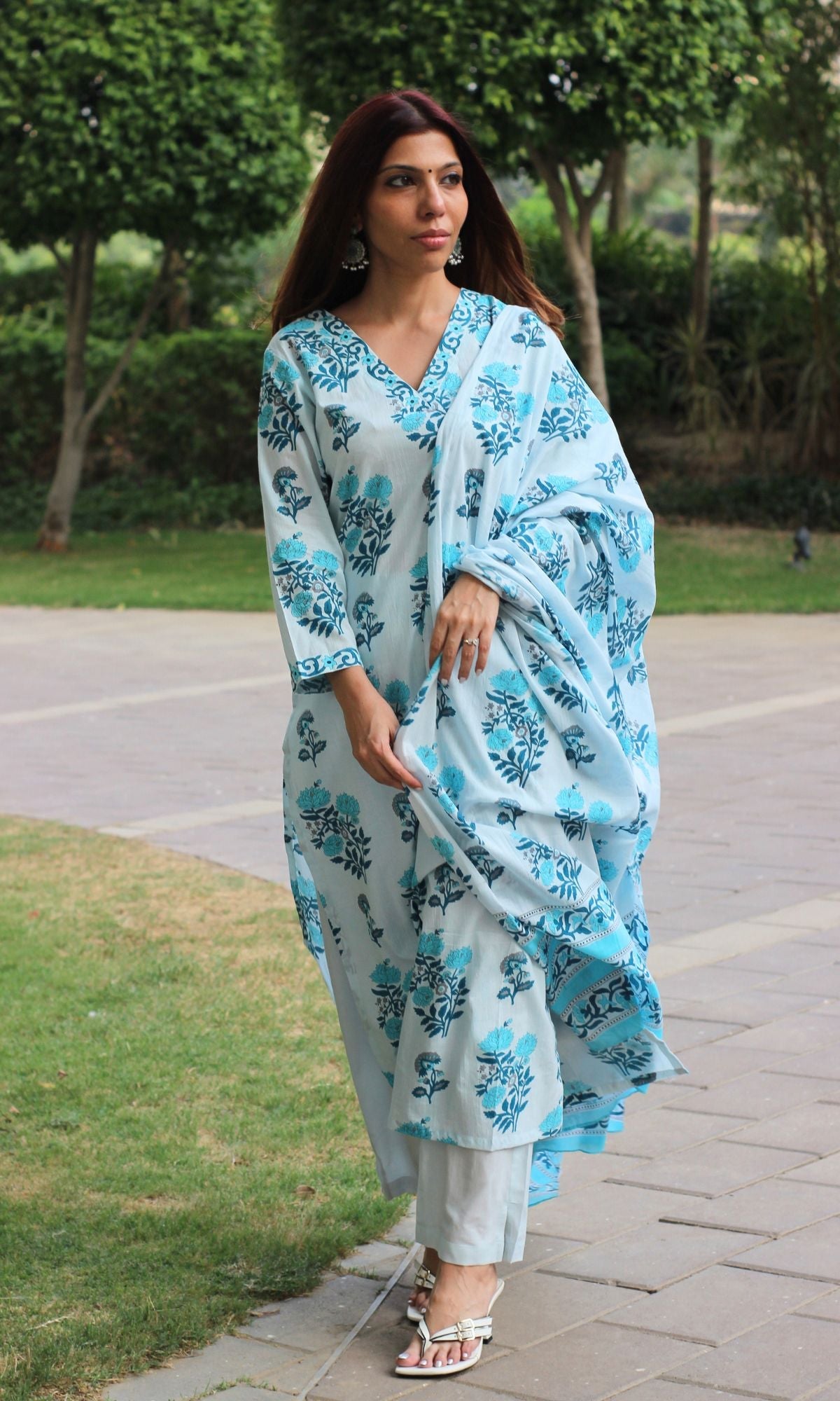 Cotton Sanganeri Powder Blue Suit Set with Cotton Printed Dupatta - Baareeki