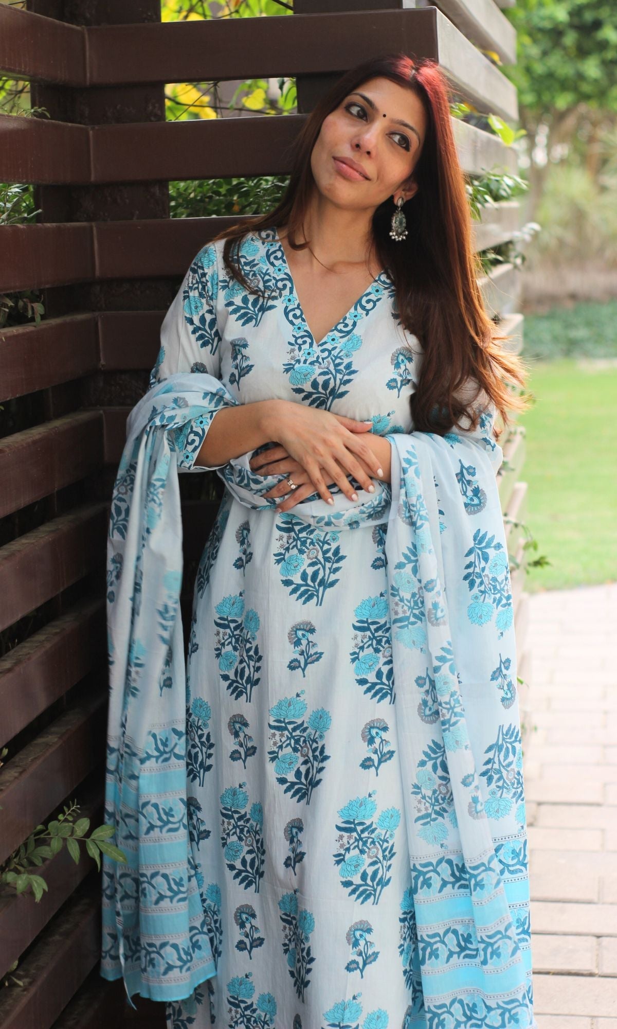 Cotton Sanganeri Powder Blue Suit Set with Cotton Printed Dupatta - Baareeki