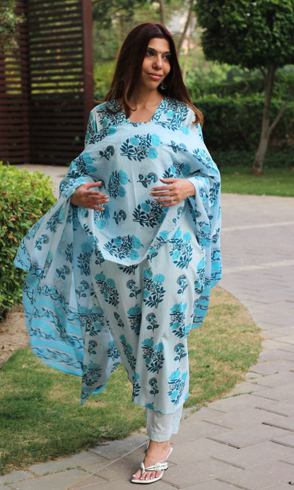 Cotton Sanganeri Powder Blue Suit Set with Cotton Printed Dupatta - Baareeki