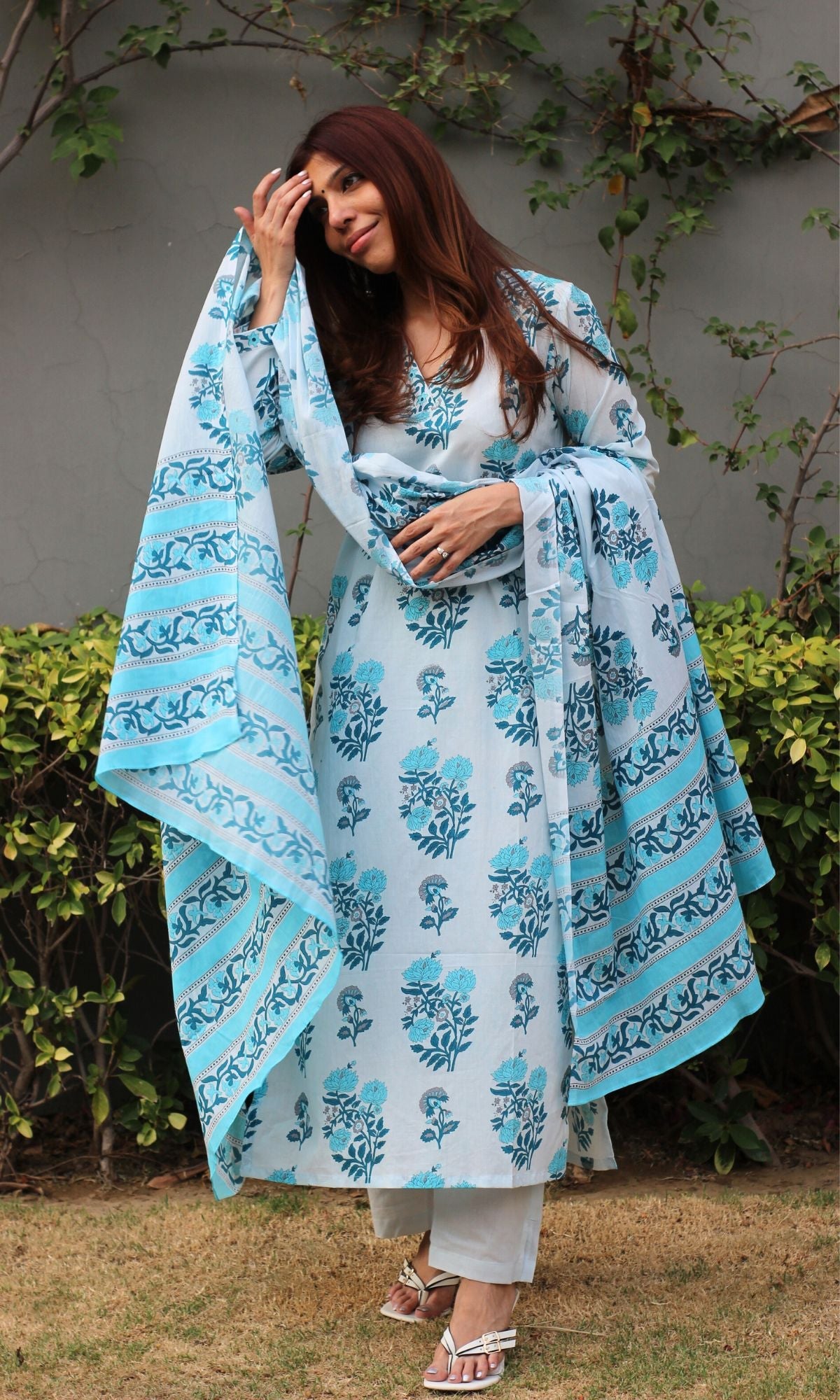 Cotton Sanganeri Powder Blue Suit Set with Cotton Printed Dupatta - Baareeki