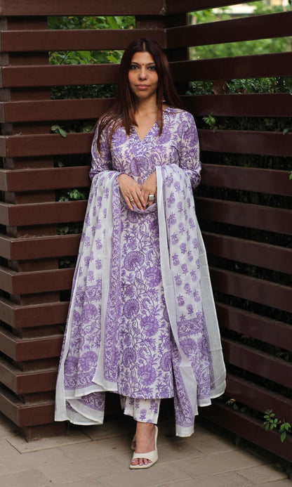 Cotton Sanganeri White & Purple Suit Set with Printed Cotton Dupatta - Baareeki