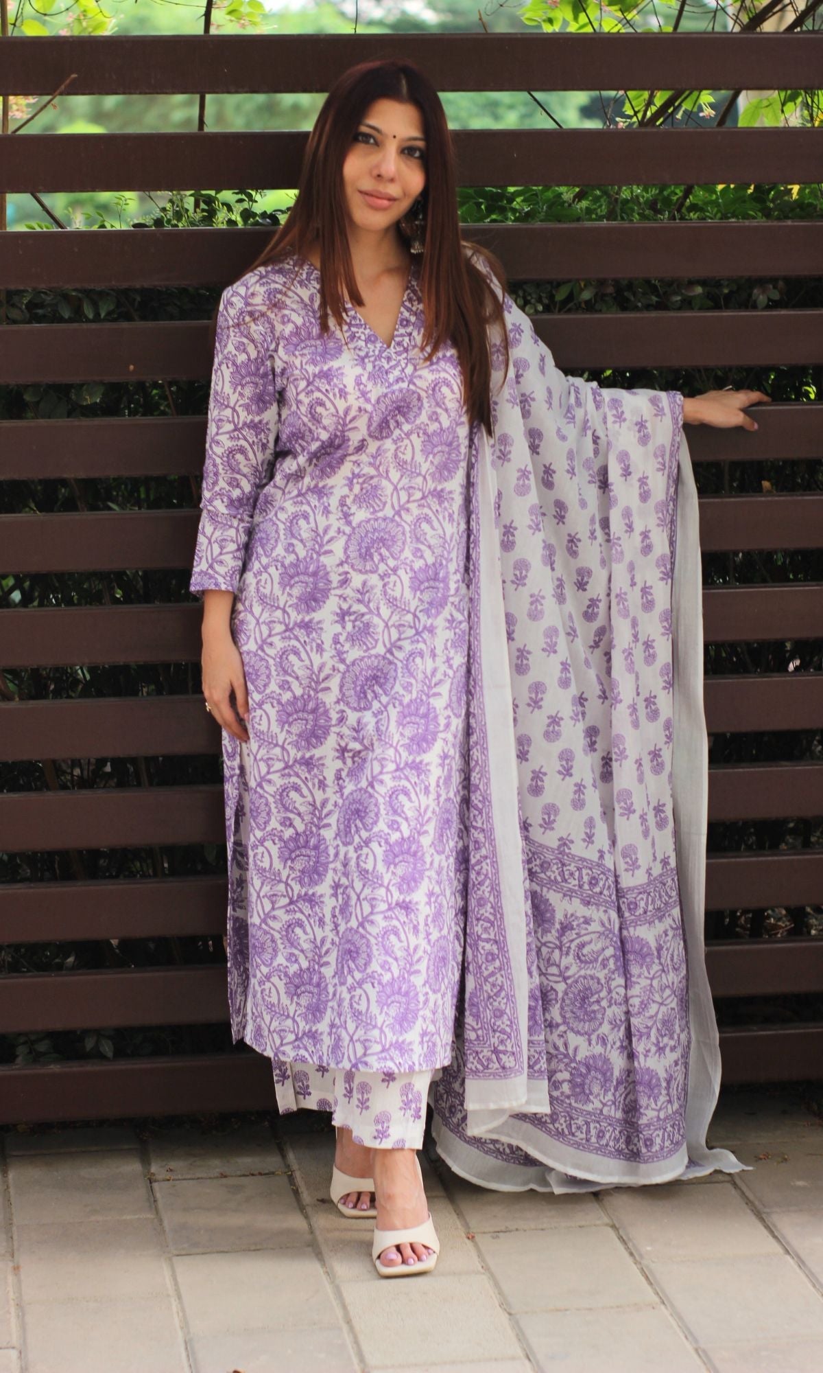 Cotton Sanganeri White & Purple Suit Set with Printed Cotton Dupatta - Baareeki