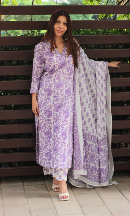 Cotton Sanganeri White & Purple Suit Set with Printed Cotton Dupatta - Baareeki