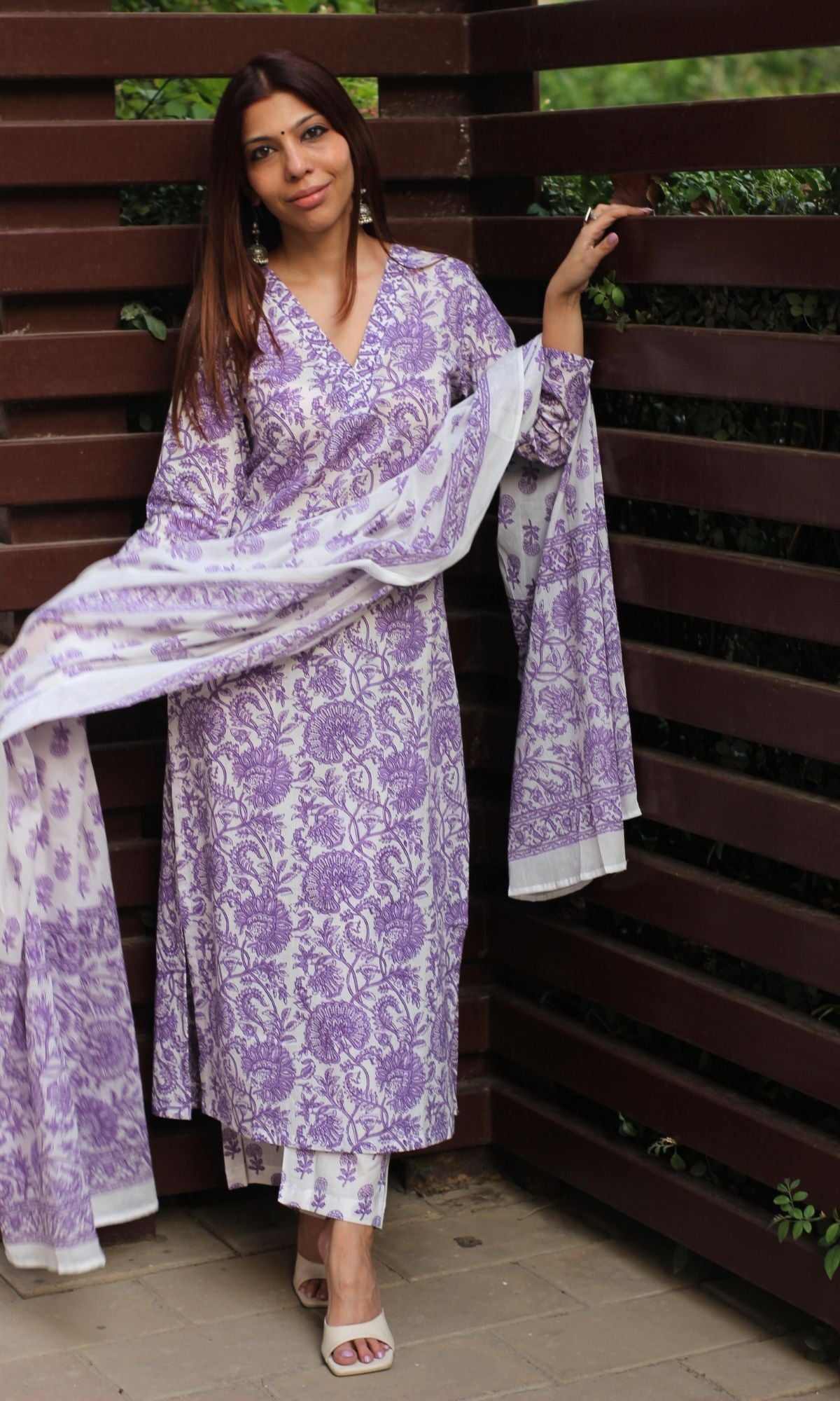 Cotton Sanganeri White & Purple Suit Set with Printed Cotton Dupatta - Baareeki