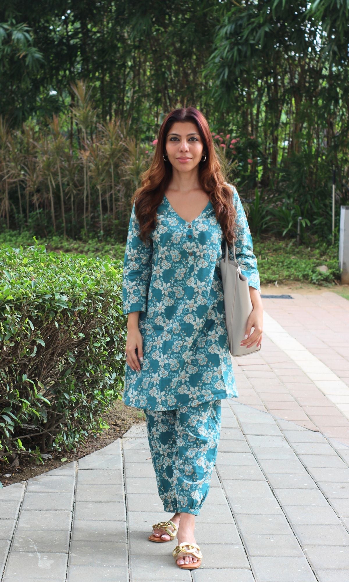 Cotton Sea Green Printed A - line Kurta with Pathani Pants - Baareeki