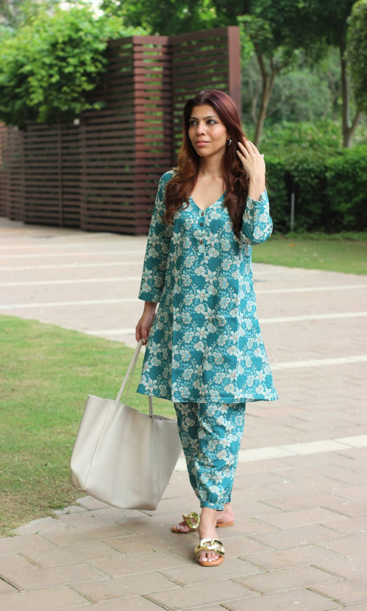 Cotton Sea Green Printed A - line Kurta with Pathani Pants - Baareeki