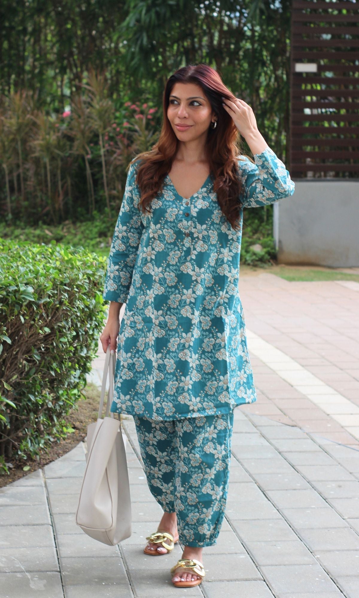 Cotton Sea Green Printed A - line Kurta with Pathani Pants - Baareeki