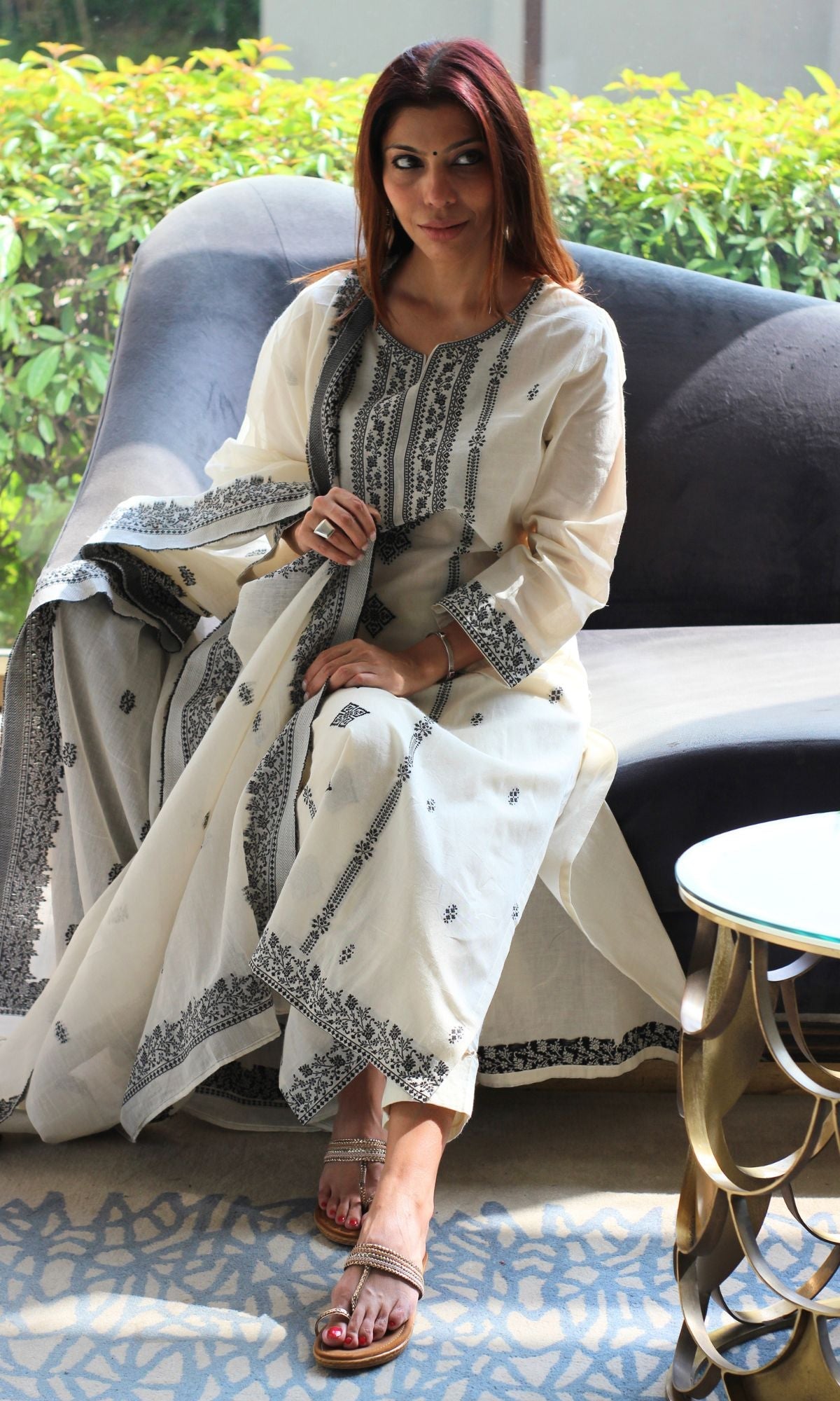 Cotton Silk Blend Off White & Black Woven Thread Work Kurta and Dupatta - Baareeki