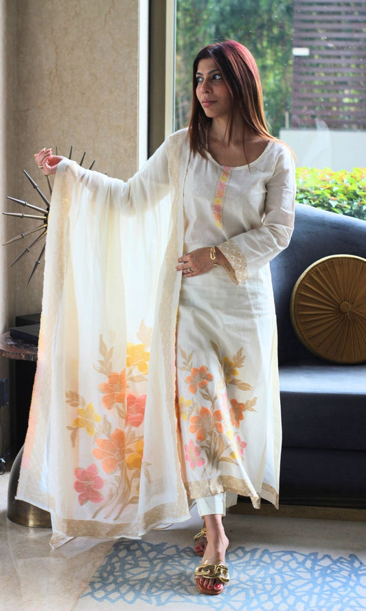 Cotton - Silk Blend Off - White & Gold Woven Thread Work Kurta and Dupatta - Baareeki