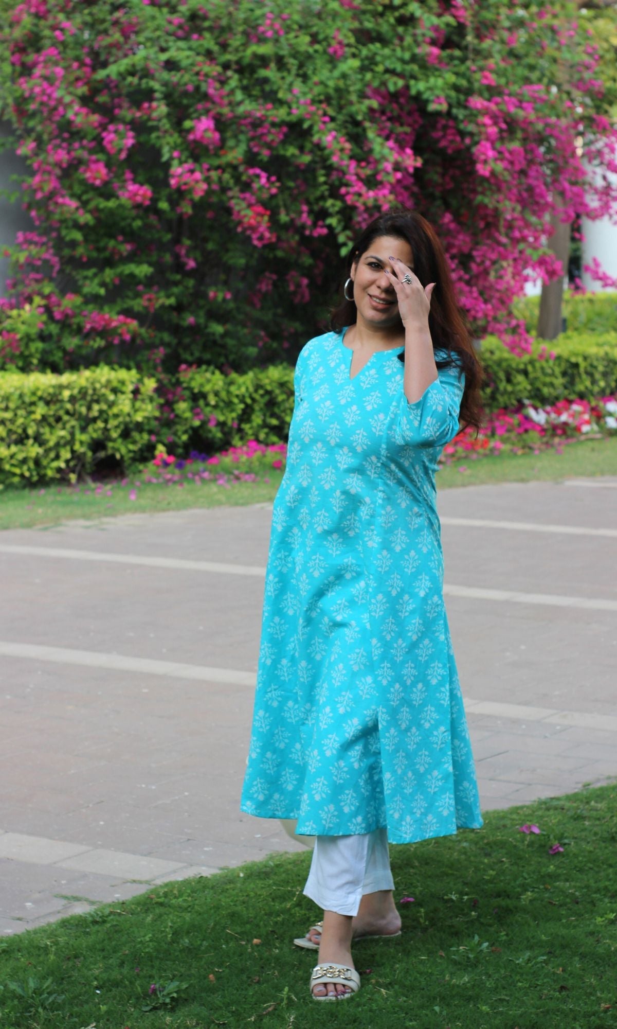 Cotton Sky Blue Block Print Kali Kurta - Baareeki