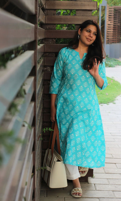 Cotton Sky Blue Block Print Kali Kurta - Baareeki