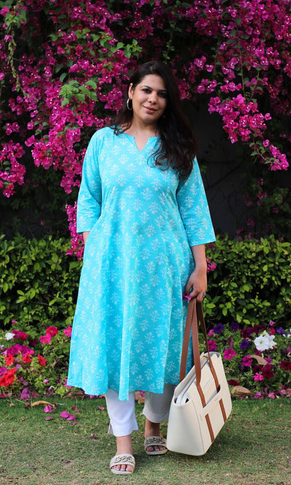 Cotton Sky Blue Block Print Kali Kurta - Baareeki