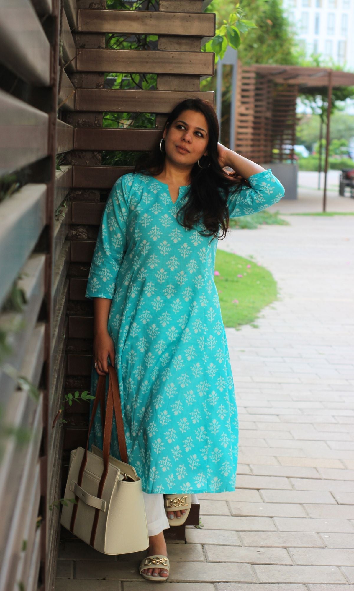 Cotton Sky Blue Block Print Kali Kurta - Baareeki