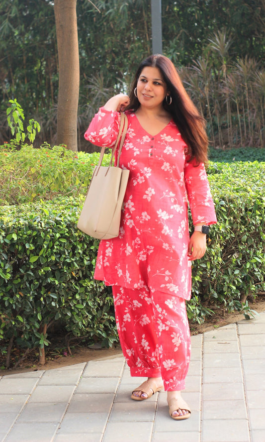Cotton Slub Bright Pink A Line Kurta with Pathani Pants - Baareeki