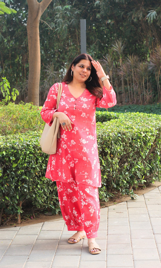 Cotton Slub Bright Pink A Line Kurta with Pathani Pants - Baareeki