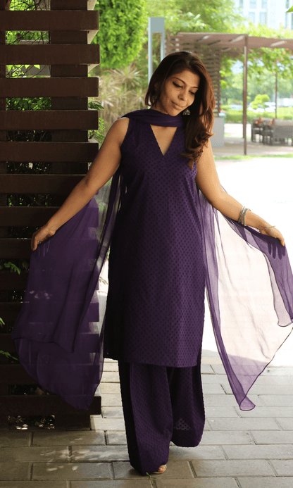 Cotton Slub Dobby Purple Sleeveless Short Kurta with Farshi Salwar & Chiffon Dupatta - Baareeki