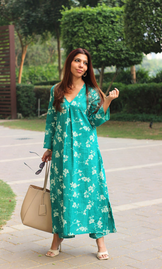 Cotton Slub Jade Pleated Kurta with Pants - Baareeki