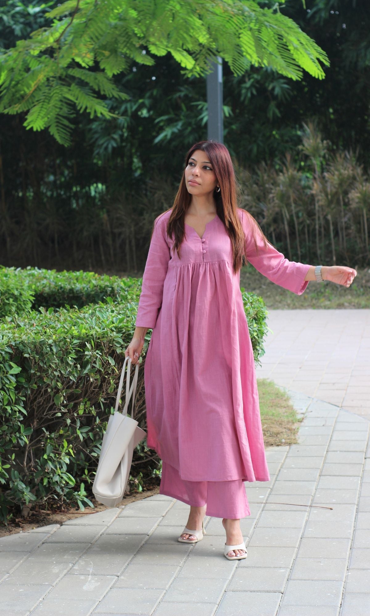 Cotton Slub Onion Pink Pleated Coord Set - Baareeki