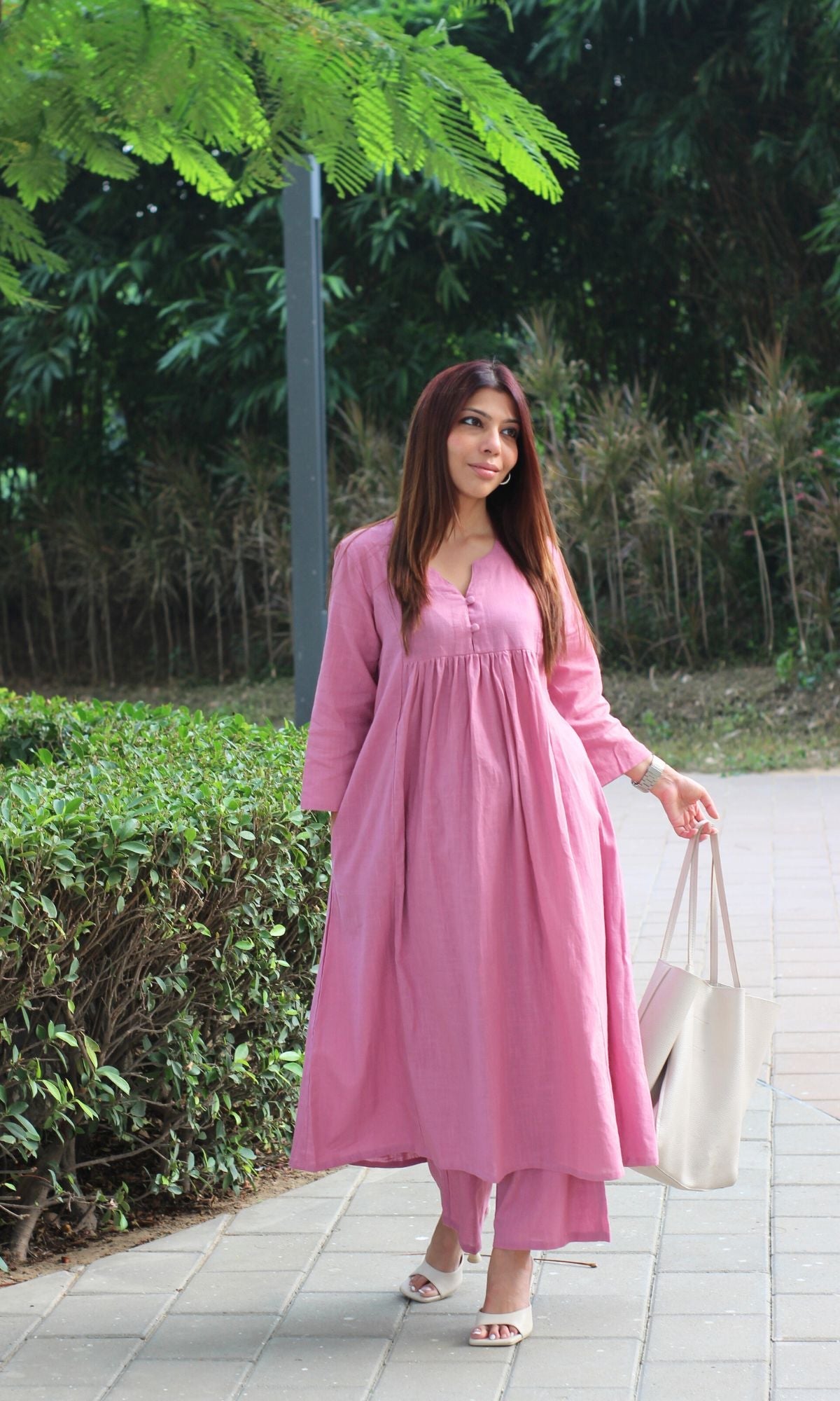 Cotton Slub Onion Pink Pleated Coord Set - Baareeki