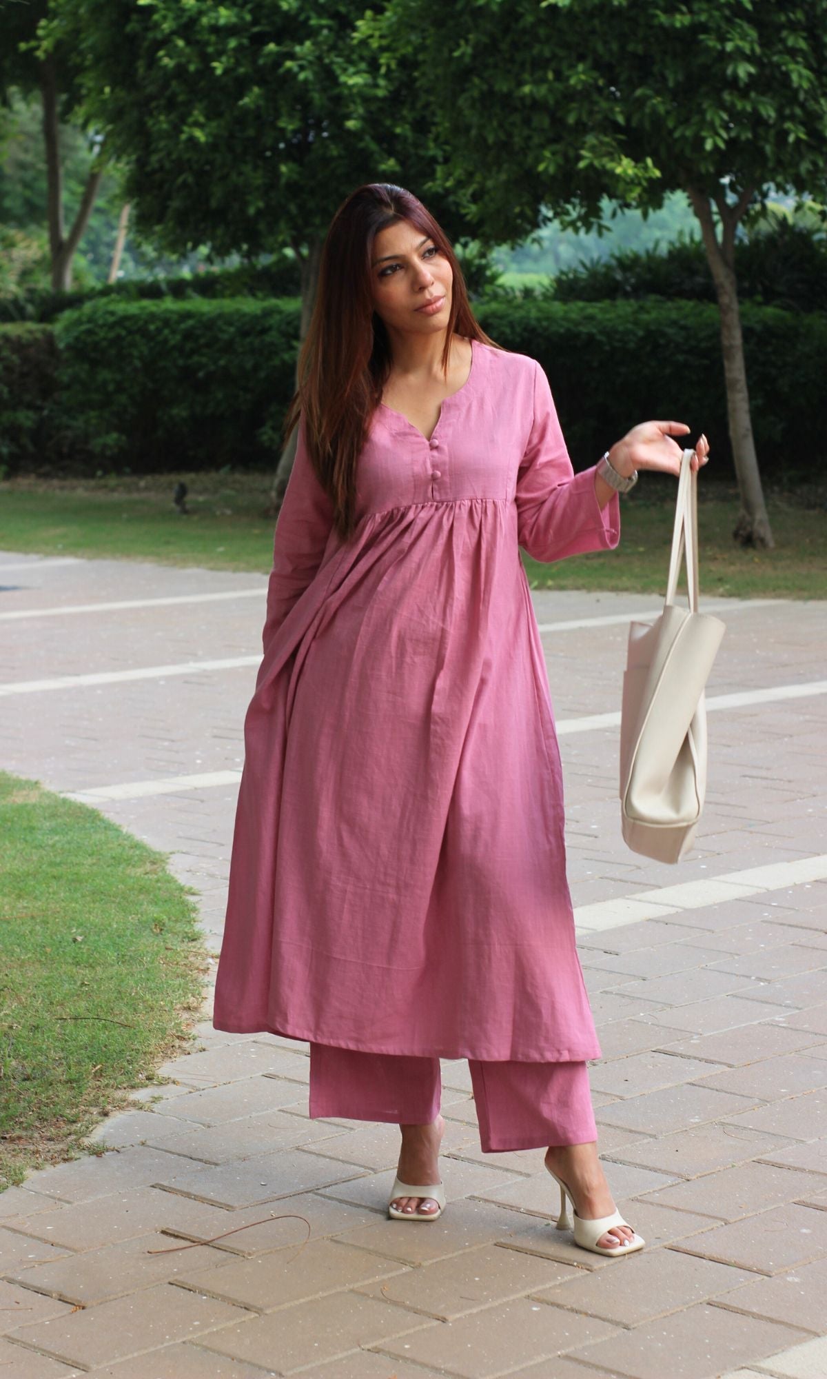 Cotton Slub Onion Pink Pleated Coord Set - Baareeki