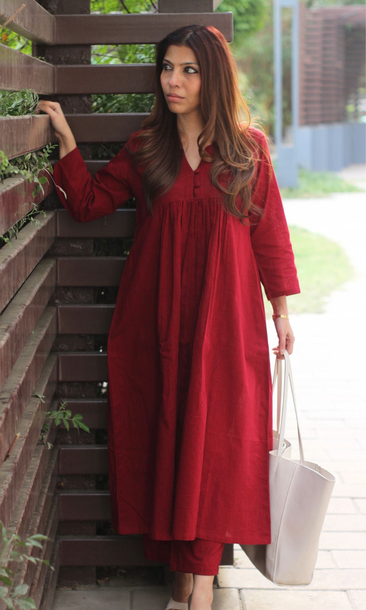 Cotton Slub Pleated Buttoned Maroon Coord Set - Baareeki