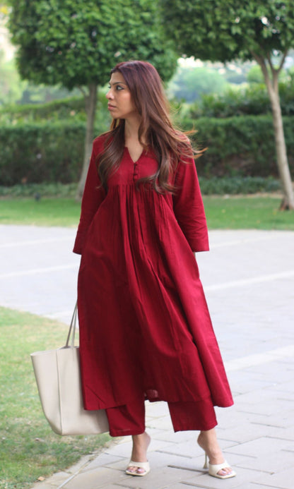 Cotton Slub Pleated Buttoned Maroon Coord Set - Baareeki