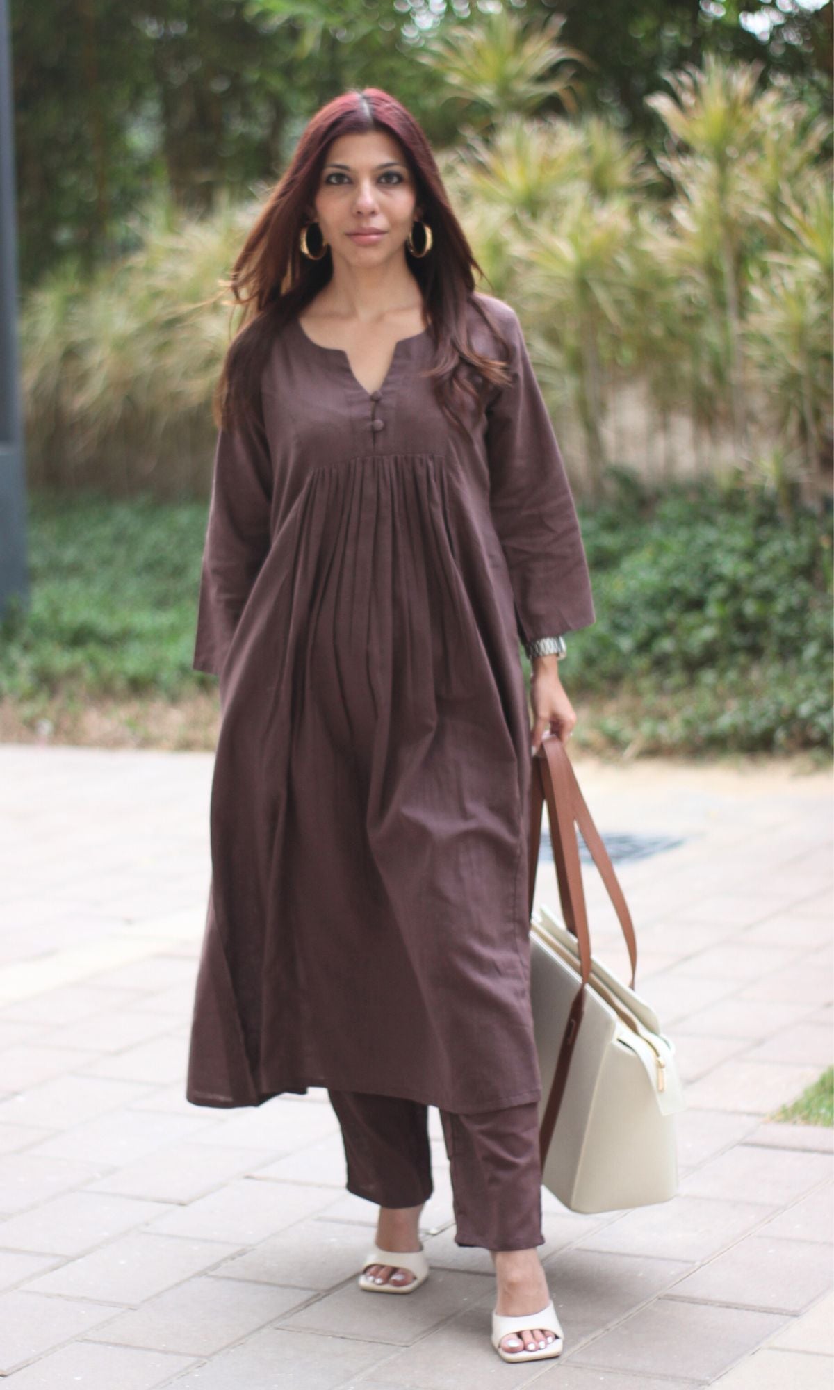 Cotton Slub Pleated Buttoned Mocha Brown Coord Set - Baareeki