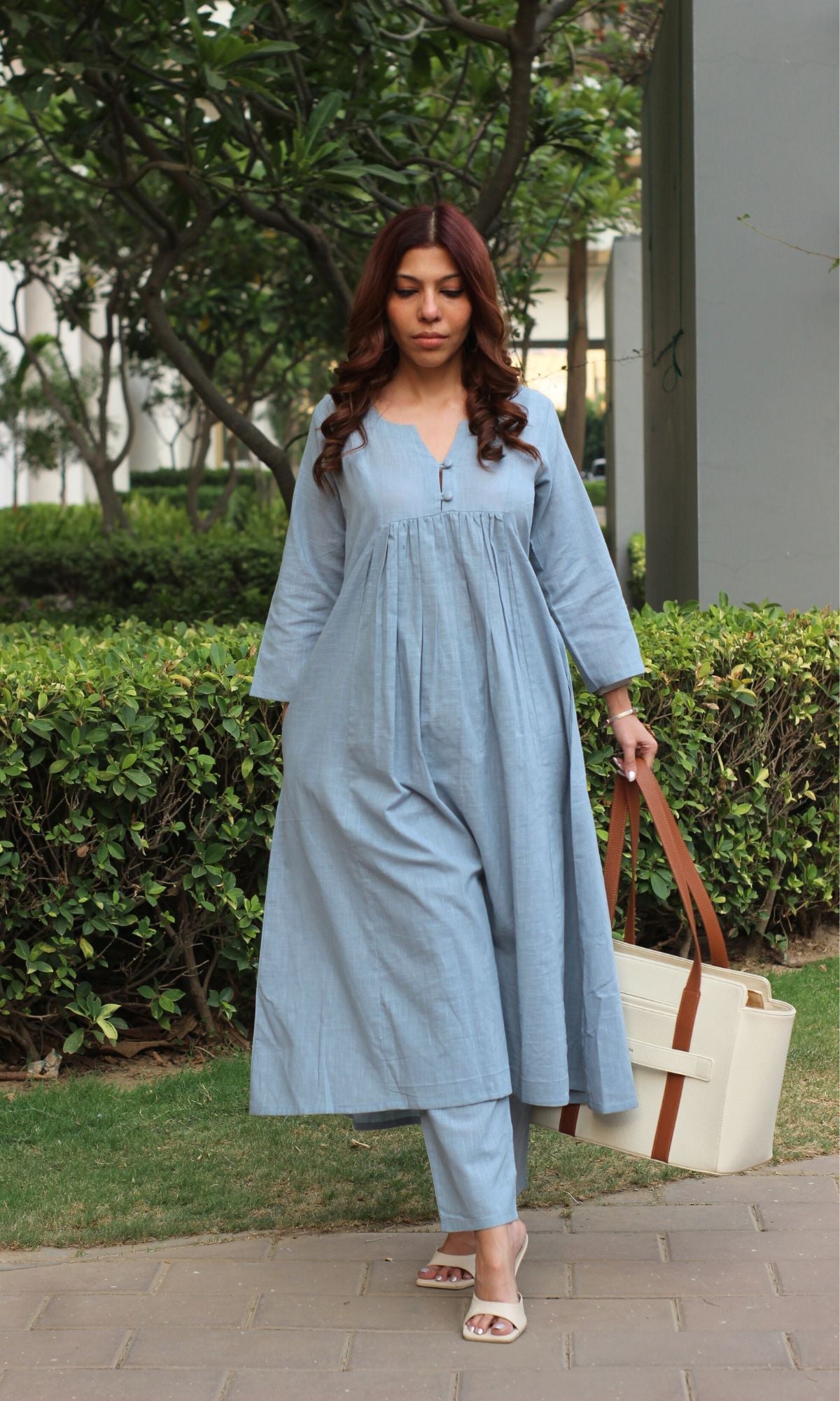 Cotton Slub Pleated Buttoned Steel Blue Coord Set - Baareeki