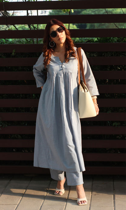 Cotton Slub Pleated Buttoned Steel Blue Coord Set - Baareeki