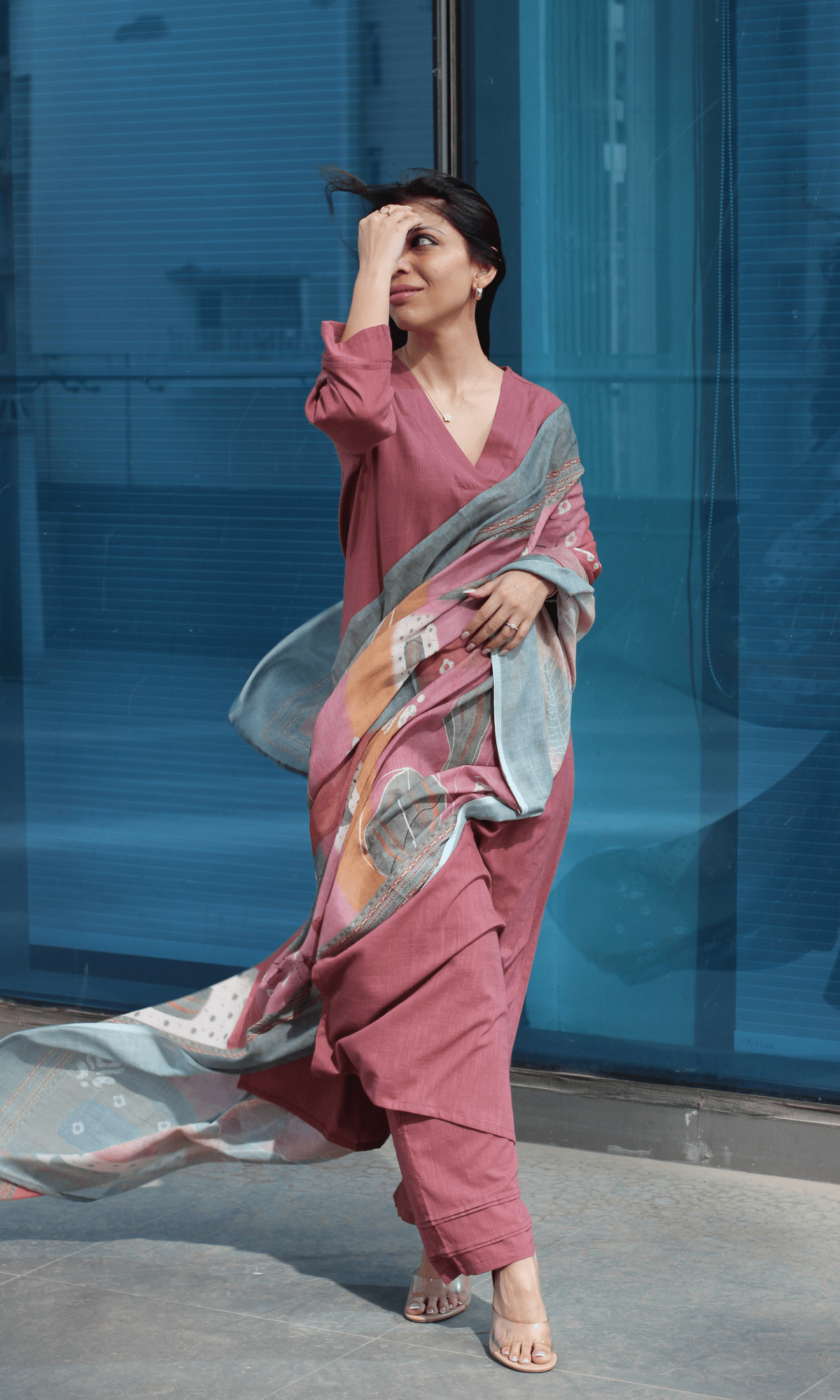 Cotton Slub Rose Suit with Mul Printed Dupatta - Baareeki