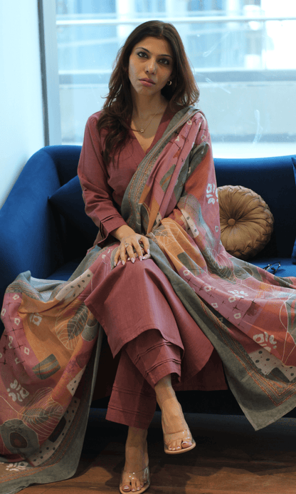 Cotton Slub Rose Suit with Mul Printed Dupatta - Baareeki