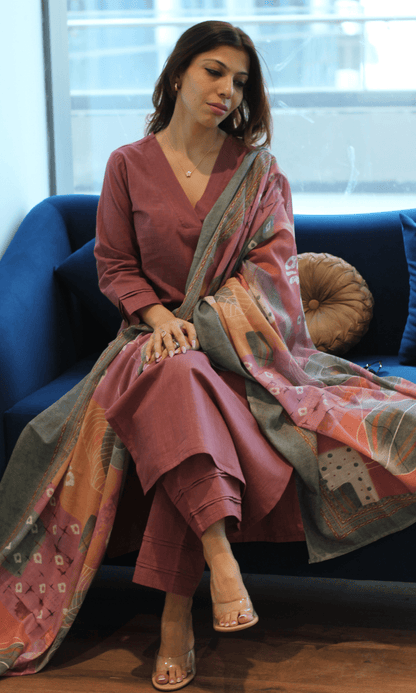 Cotton Slub Rose Suit with Mul Printed Dupatta - Baareeki