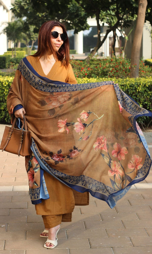 Cotton Slub Solid Copper Suit with Mul Printed Dupatta - Baareeki