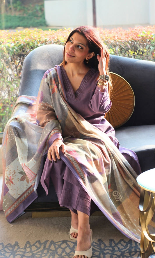 Cotton Slub Solid Mauve Suit with Printed Mul Dupatta - Baareeki