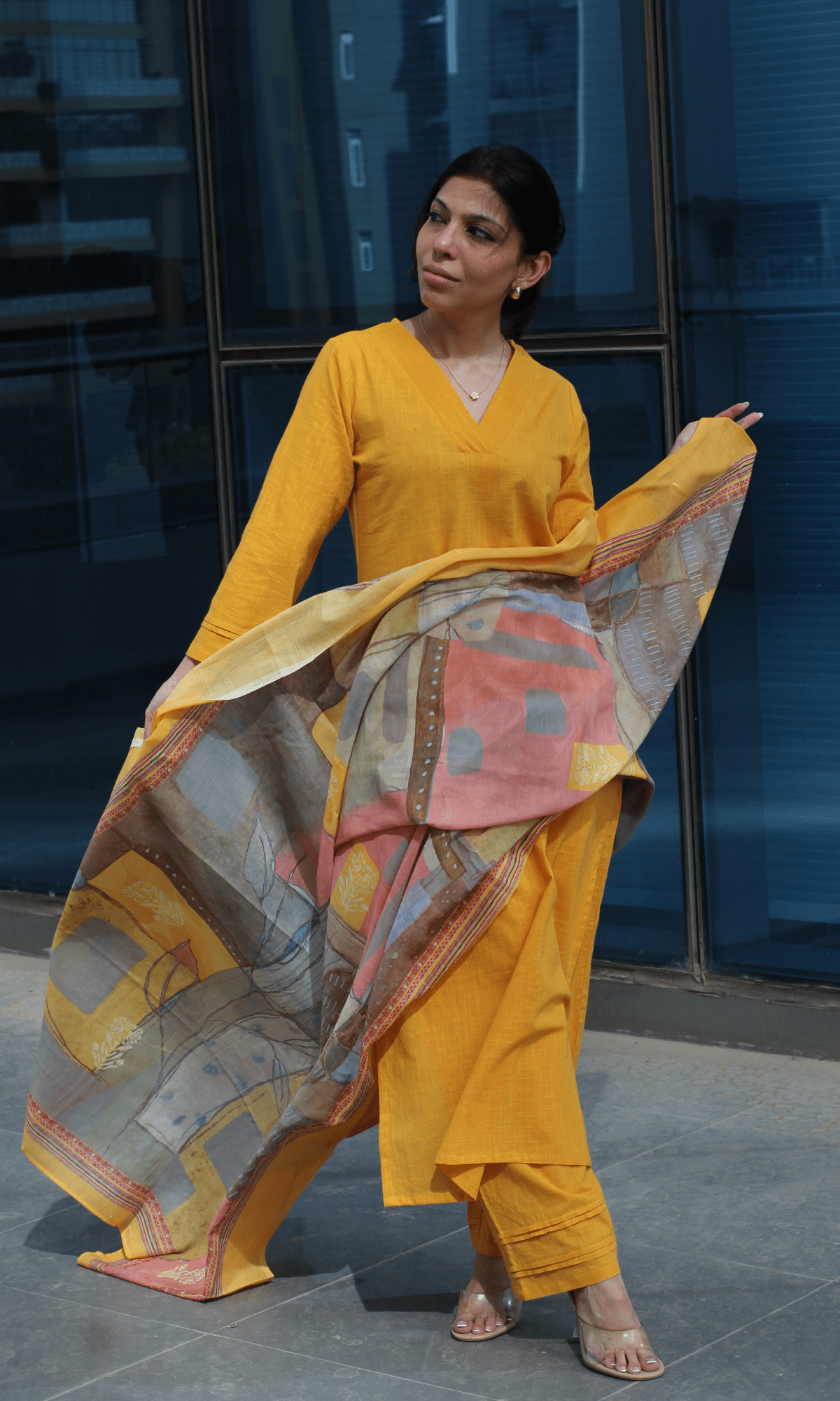 Cotton Slub Solid Yellow Suit with Printed Dupatta - Baareeki