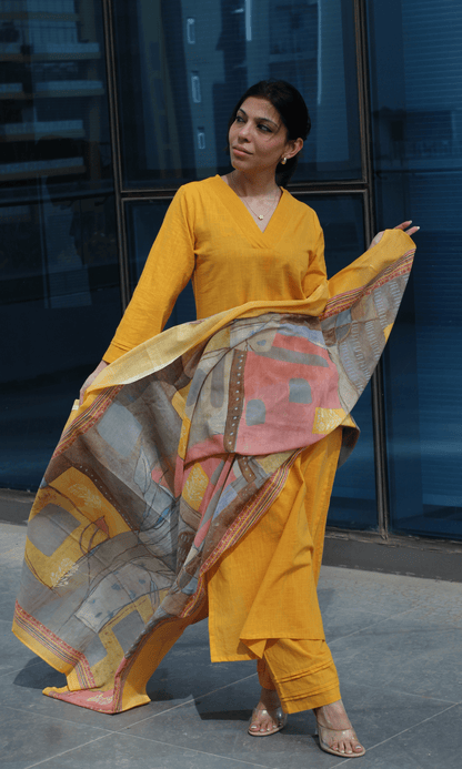 Cotton Slub Solid Yellow Suit with Printed Dupatta - Baareeki