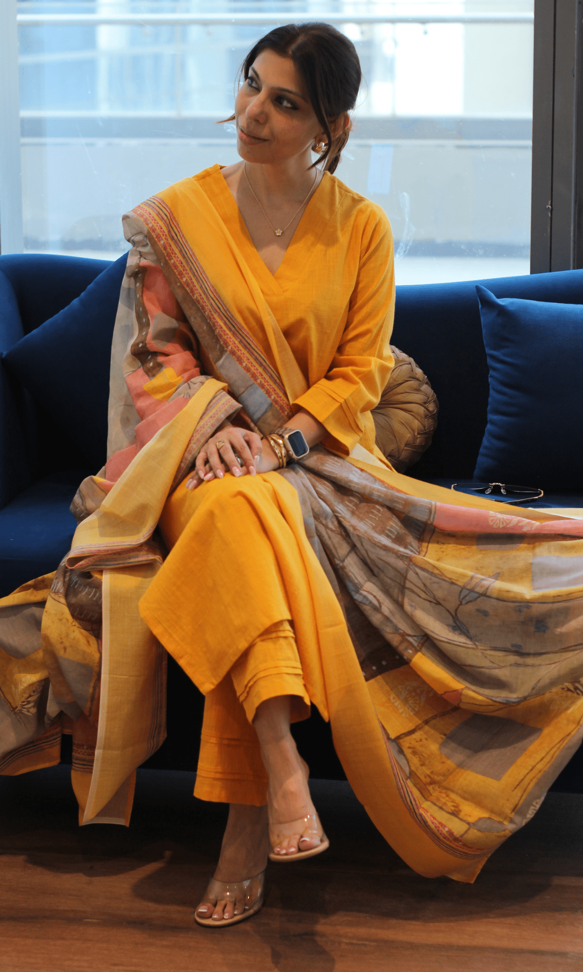 Cotton Slub Solid Yellow Suit with Printed Dupatta - Baareeki